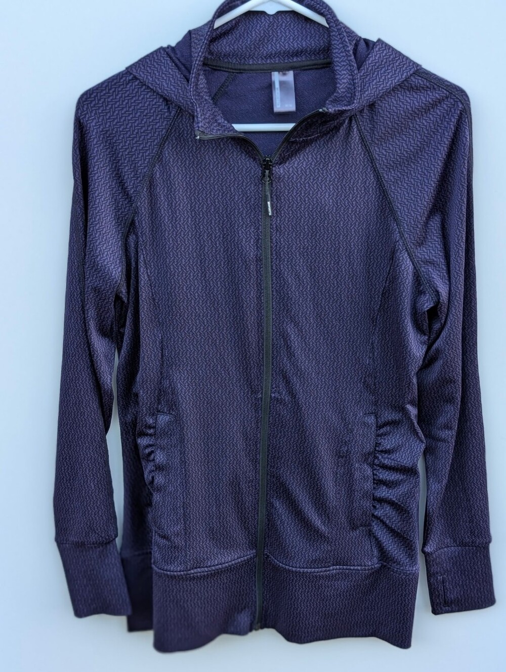 Mondetta Women's Full Zip Hooded Jacquard Knit Jacket Purple Black Herringbone